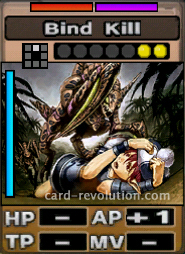 The Bind Kill CARD adds 1 Attacking Point. It costs 2 attack points to set. Its range is one square in front. Its Resist Colors are red and purple. Its Left Color is blue.