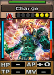 The Charge CARD adds 0 Attacking Points. It costs 3 attack points to set. Its range is any square. Its Resist Color is green. Its Left Color is blue. Its Right Colors are blue and red.