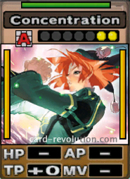 The Concentration CARD adds 0 Technique Points. It costs 2 attack points to set. Its range is any square. Its Resist Color is green. Its Left Color is yellow. Its Right Color is yellow.