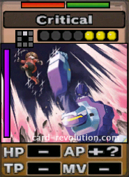 The Critical CARD adds an unknown amount of Attacking Points. It costs 3 attack points to set. Its range is one square in front. Its Resist Colors are red and green. Its Left Color is purple.