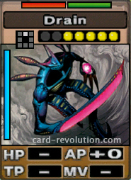 The Drain CARD adds 0 Attacking Points. It costs 5 attack points to set. Its range is one square in front. Its Resist Colors are red and green. Its Left Color is blue.