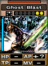 The Ghost Blast CARD adds an unknown amount of Attacking Points. It costs 2 attack points to set. Its range is one square in front. Its Resist Color is red. Its Left Color is blue.