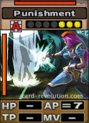 The Punishment CARD has 7 fixed Attacking Points. It costs 3 attack points to set. Its range is any square. Its Resist Color is red. Its Left Color is orange.