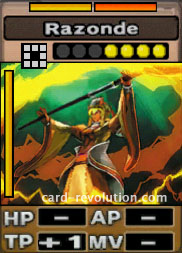 The Razonde CARD adds one Technique Point. It costs 4 attack points to set. Its range is the nearest surrounding squares. Its Resist Colors are yellow and orange. Its Left Color is yellow.