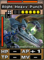 The Right Heavy Punch CARD adds one Attacking Point. It costs 5 attack points to set. Its range is an area of 2x2 squares right of the center. Its Resist Colors are red and orange. Its Left Color is red.