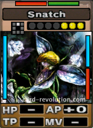 The Snatch CARD adds 0 Attacking Points. It costs 3 attack points to set. Its range is one square in front. Its Resist Colors are red and green. Its Left Color is blue. Its Right Colors are blue and red.