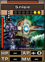The Snipe CARD adds 0 Attacking Points. It costs 2 attack points to set. Its range is 4 squares in front. Its Resist Color is red. Its Left Color is red.