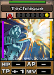 The Technique CARD adds one Technique Point. It costs one attack point to set. Its range is any square. Its Resist Color is green. Its Left Color is purple. Its Right Color is yellow.