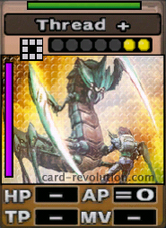 The Thread + CARD has 0 fixed Attacking Points. It costs 2 attack points to set. Its range is the nearest surrounding squares. Its Resist Color is green. Its Left Color is purple.