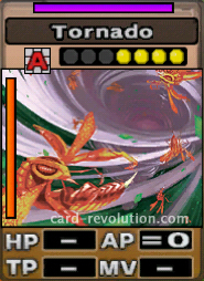 The Tornado CARD has 0 fixed Attacking Points. It costs 4 attack points to set. Its range is any square. Its Resist Color is purple. Its Left Color is orange.