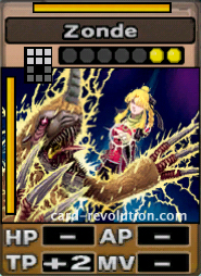 The Zonde CARD adds 2 Technique Points. It costs 2 attack points to set. Its range is an area of 3x2 squares. Its Resist Color is yellow. Its Left Color is yellow.