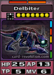 The Delbiter CARD has 25 Hit Points, 13 Attacking Points, 5 Technique Points and 6 Move Points. It costs 7 attack points to set. Its range is one square in front. Its Resist Colors are red and orange. Its Right Colors are blue, red, yellow, purple and green.