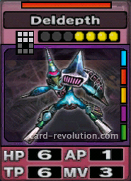 The Deldepth CARD has 6 Hit Points, 1 Attacking Point, 6 Technique Points and 3 Move Points. It costs 4 attack points to set. Its range is an area of 3x2 squares. Its Resist Color is red. Its Right Colors are blue, red, yellow, purple and green.