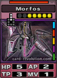 The Morfos CARD has 5 Hit Points, 2 Attacking Points, 3 Technique Points and 1 Move Point. It costs 5 attack points to set. Its range is 3 squares in front. Its Resist Color is red. Its Right Colors are blue, red, yellow, purple and green.