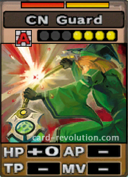 The CN Guard adds 0 Hit Points. It costs 4 defense points to set. Its range is any square. Its Resist Colors are red and yellow.