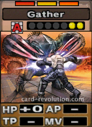 The Gather CARD adds 0 Hit Points. It costs 2 defense points to set. Its range is any square. Its Resist Colors are red, yellow and orange.