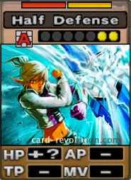 The Half Defense CARD adds an unknown amount of Hit Points. It costs 2 defense points to set. Its range is any square. Its Resist Colors are red and yellow.
