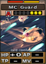 The MC Guard CARD adds 0 Hit Points. It costs 3 defense points to set. Its range is any square. Its Resist Colors are red and yellow.