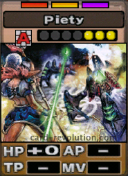 The Piety CARD adds 0 Hit Points. It costs 3 defense points to set. Its range is any square. Its Resist Colors are red, yellow and purple.