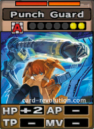 The Punch Guard CARD adds 2 Hit Points. It costs 2 defense points to set. Its range is any square. Its Resist Colors are red and orange.