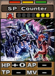 The SP Counter CARD adds 0 Hit Points. It costs 3 defense points to set. Its range is any square. Its Resist Colors are red, yellow and green.