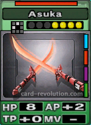 The Asuka CARD has 8 Hit Points, adds 2 Attacking Points and 0 Technique Points. It costs 4 attack points to set. Its range is one square in front and one square to the left. Its Resist Color is red. Its Right Colors are blue, red, purple and green.