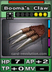 The Booma's Claw has 7 Hit Points, adds 2 Attacking Points and 0 Technique Points. It costs 3 attack points to set. Its range is one square in front. Its Resist Color is red. Its Right Colors are blue, red, purple and green.