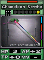 The Chameleon Scythe CARD has 3 Hit Points, adds 2 Attacking Points and 0 Technique Points. It costs one attack point to set. Its range is a horizontal line of 3 squares. Its Resist Color is red. Its Right Colors are blue, red, purple and green.