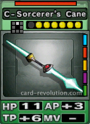 The C-Sorcerer's Cane CARD has 11 Hit Points, adds 3 Attacking Points and 6 Technique Points. It costs 6 attack points to set. Its range is one square in front. Its Resist Color is red. Its Right Colors are red, blue, yellow, purple and green.
