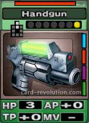 The Handgun CARD has 3 Hit Points, adds 0 Attacking Points and 0 Technique Points. It costs one attack point to set. Its range is 2 squares in front. Its Resist Color is red. Its Right Colors are blue, red, purple and green.