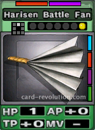 The Harisen Battle Fan CARD has one Hit Point, adds 0 Attacking Points and 0 Technique Points. It costs one attack point to set. Its range is one square in front. Its Resist Colors are red and purple. Its Right Colors are blue, red, purple and green.