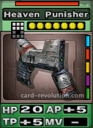 The Heaven Punisher CARD has 20 Hit Points, adds 5 Attacking Points and 5 Technique Points. It costs 7 attack points to set. Its range is an area of 3x2 squares. Its Resist Color is red. Its Right Colors are blue, red, yellow, purple and green.