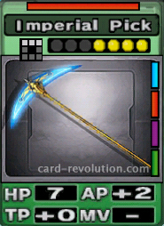 The Imperial Pick CARD has 7 Hit Points, adds 2 Attacking Points and 0 Technique Points. It costs 4 attack points to set. Its range is a horizontal line of 3 squares. Its Resist Color is red. Its Right Colors are blue, red, purple and green.
