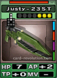 The Justy-23ST CARD has 7 Hit Points, adds 2 Attacking Points and 0 Technique Points. It costs 3 attack points to set. Its range is 3 squares in front. Its Resist Color is red. Its Right Colors are blue, red, purple and green.