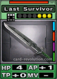 The Last Survivor CARD has 4 Hit Points, adds one Attacking Point and 0 Technique Points. It costs 3 attack points to set. Its range is a horizontal line of 3 squares. Its Resist Color is red. Its Right Colors are blue, red, purple and green.