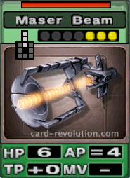 The Maser Beam CARD has 6 Hit Points, 4 fixed Attacking Points and adds 0 Technique Points. It costs 3 attack points to set. Its range is 3 squares in front. Its Resist Color is red.