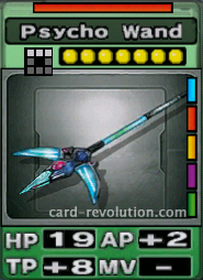 The Psycho Wand CARD has 19 Hit Points, adds 2 Attacking Points and 8 Technique Points. It costs 7 attack points to set. Its range is a horizontal line of 3 squares. Its Resist Color is red. Its Right Colors are blue, red, yellow, purple and green.