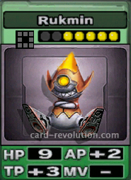 The Rukmin CARD has 9 Hit Points, adds 2 Attacking Points and 3 Technique Points. It costs 5 attack points to set.