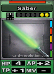The Saber CARD has 4 Hit Points, adds 2 Attacking Points and one Technique Point. It costs 2 attack points to set. Its range is one square in front. Its Resist Color is red. Its Right Colors are blue, red, yellow, purple and green.
