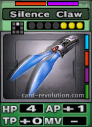 The Silence Claw CARD has 4 Hit Points, adds one Attacking Point and 0 Technique Points. It costs 3 attack points to set. Its range is one square in front. Its Resist Colors are red and purple. Its Right Colors are blue, red, purple and green.