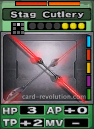 The Stag Cutlery CARD has 3 Hit Points, adds 0 Attacking Points and 2 Technique Points. It costs 3 attack points to set. Its range is one square in front. Its Resist Colors are red and orange. Its Right Colors are blue, red, yellow, purple and green.
