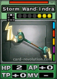 The Storm Wand:Indra CARD has 2 Hit Points, adds 0 Attacking Points and 0 Technique Points. It costs 3 attack points to set. Its Resist Color is red. Its Right Colors are blue, red, yellow, purple and green.