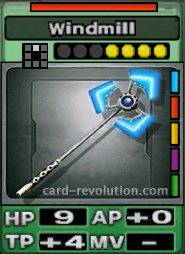 The Windmill CARD has 9 Hit Points, adds 0 Attacking Points and 4 Technique Points. It costs 4 attack points to set. Its range is one square in front. Its Resist Color is red. Its Right Colors are blue, red, yellow, purple and green.